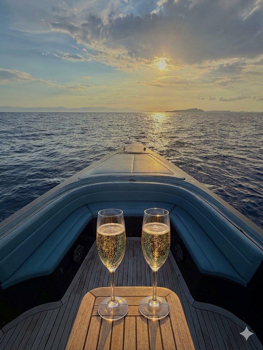 Two champagne flutes on the bow at golden hour