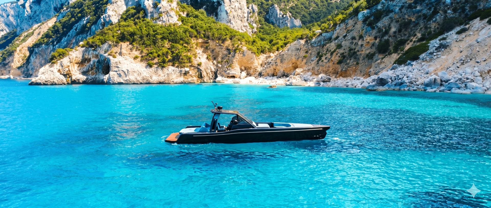 Modern black luxury yacht on turquoise Sardinian water at golden hour
