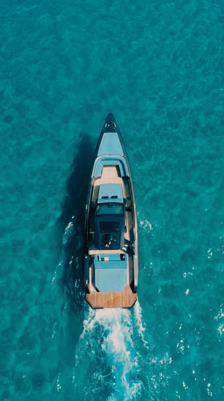 Aerial view of a modern black luxury yacht cruising on turquoise Sardinian water